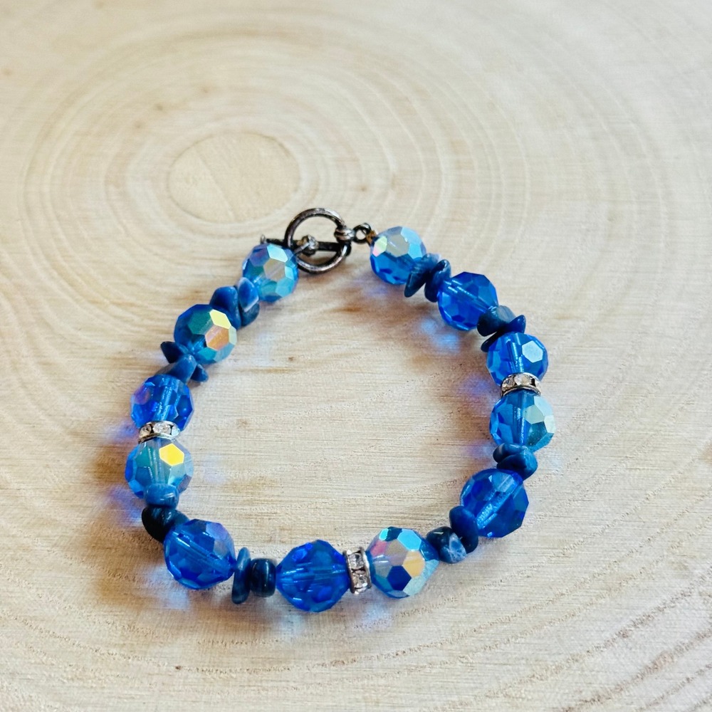 Bracelet VTG Austria Crystal Rhinestone Blue Aurora Borealis Jeweled glam 7"
